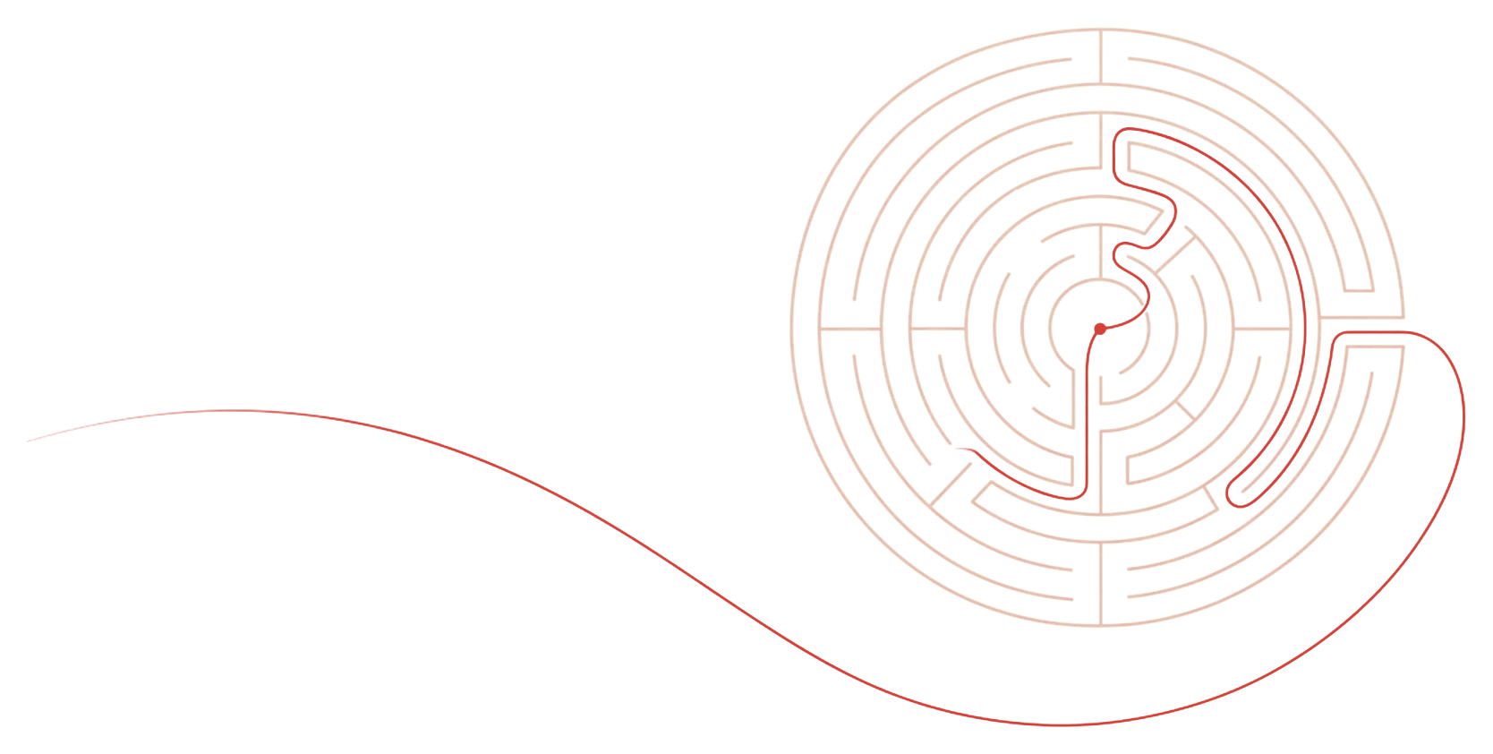 Lijntekening van een doolhof met een rode draad die de weg naar buiten wijst