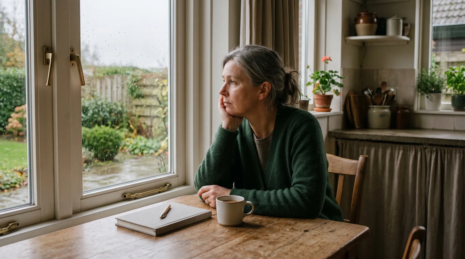 Een vrouw zit aan de keukentafel en kijkt lusteloos uit het raam, haar koffie staat onaangeroerd