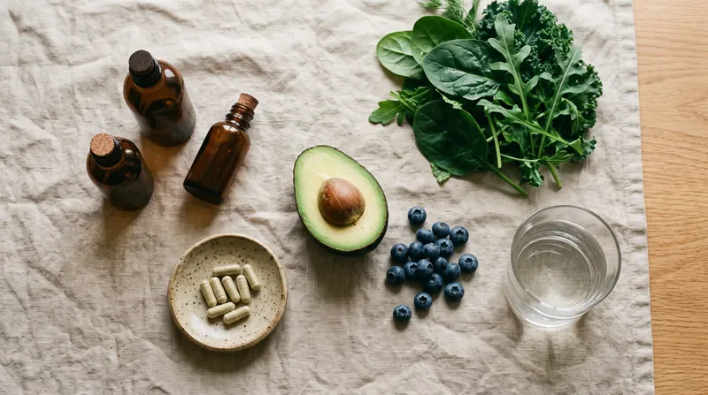 Bruine flesjes zonder etiket, capsules, avocado, blauwe bessen en bladgroente op linnen