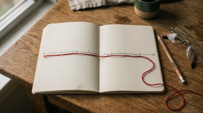 Een open schrift met een getekende tijdlijn en een rode draad erlangs