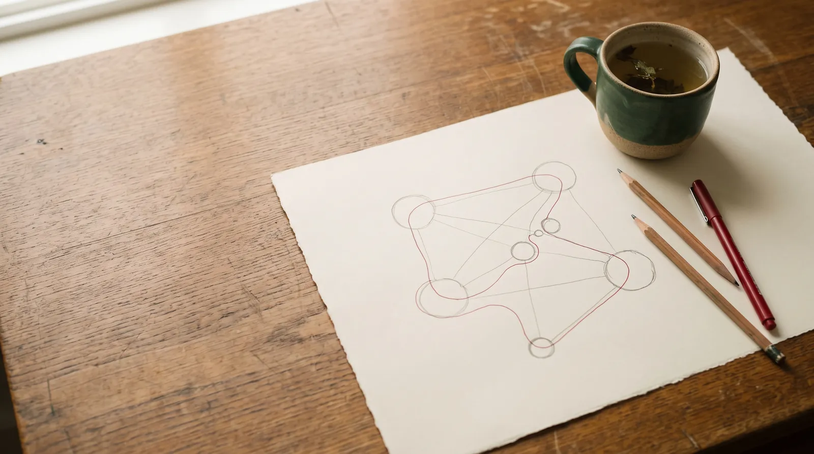 Een getekend schema van verbonden cirkels met één route in rood, naast potloden en een kop thee